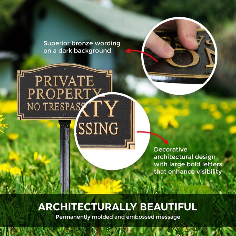 SmartSign Private Property No Trespassing Metal Plaque - GardenBoss Statement Yard Sign 5.75" x 9.5" Solid Heavy Duty Cast Aluminum Plaque with 18" Black Lawn Stake, Made in USA - Image 4